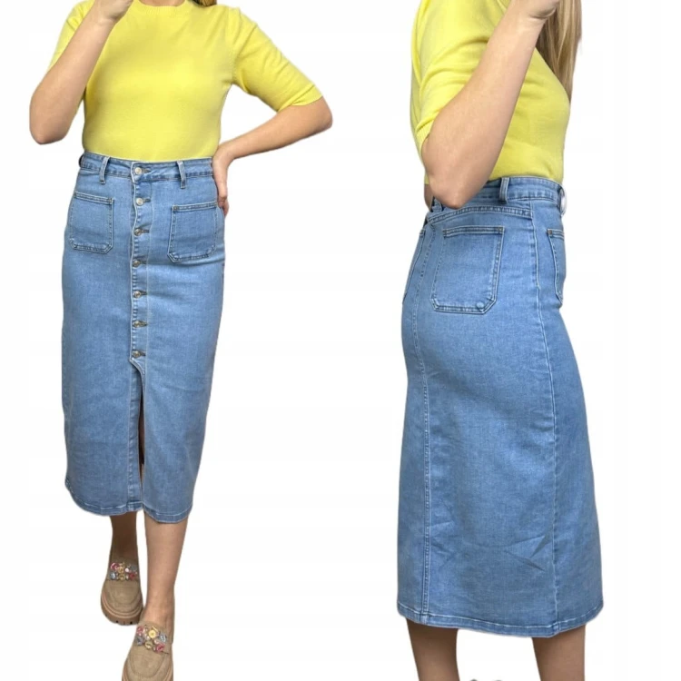 Spódnica jeansowa niebieska midi ołówkowa jeans guziki rozcięcie XS 34