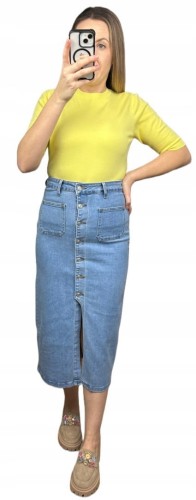 Spódnica jeansowa niebieska midi ołówkowa jeans guziki rozcięcie XS 34