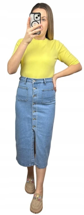 Spódnica jeansowa niebieska midi ołówkowa jeans guziki rozcięcie XS 34