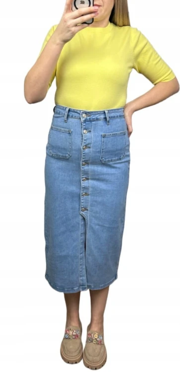 Spódnica jeansowa niebieska midi ołówkowa jeans guziki rozcięcie XS 34