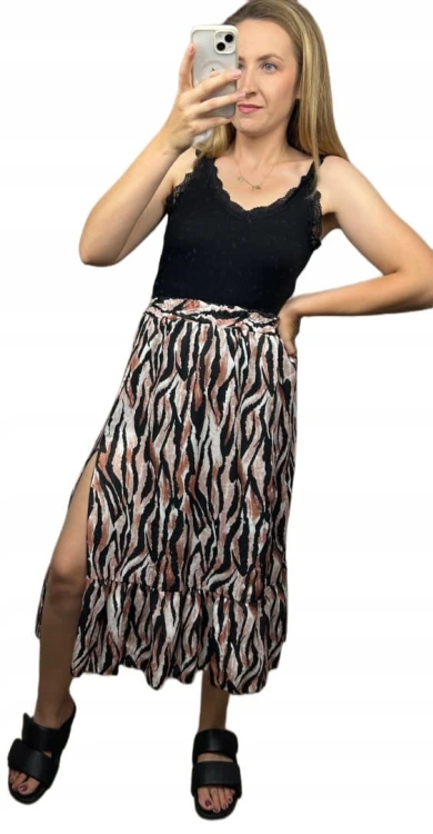 Spódnica midi dłuższa z rozcięciem falbanka w cętki panterkę S M L