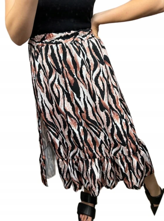 Spódnica midi dłuższa z rozcięciem falbanka w cętki panterkę S M L