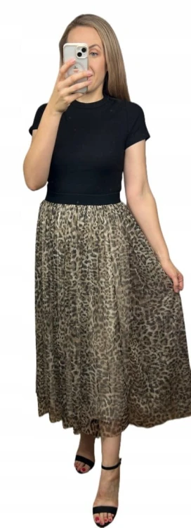 Spódnica midi dłuższa z tiulem tiulowa cętki panterka jesień S M L