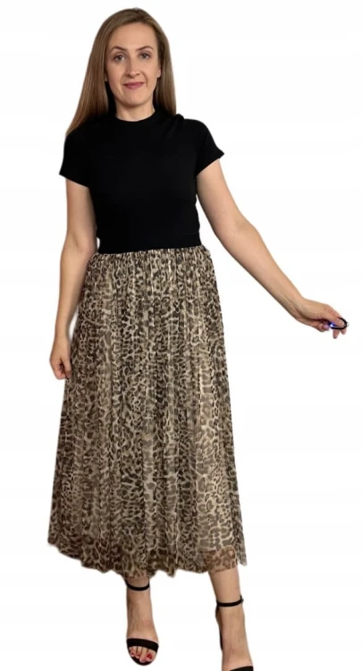 Spódnica midi dłuższa z tiulem tiulowa cętki panterka jesień S M L
