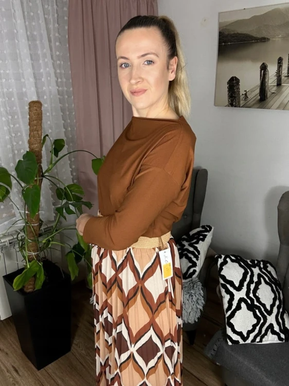 Spódnica midi plisowana wzorzysta pasek szyfon jesień italia