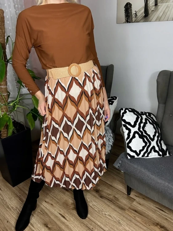 Spódnica midi plisowana wzorzysta pasek szyfon jesień italia