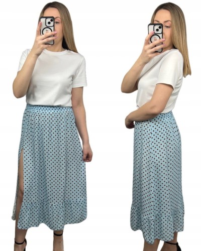 Spódnica wiskozowa wiskoza midi dłuższa z rozcięciem w kropki niebieska