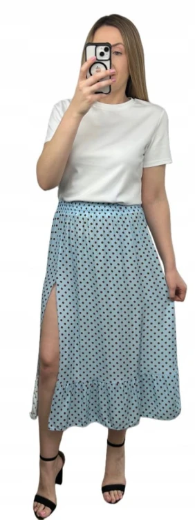 Spódnica wiskozowa wiskoza midi dłuższa z rozcięciem w kropki niebieska