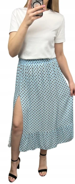Spódnica wiskozowa wiskoza midi dłuższa z rozcięciem w kropki niebieska