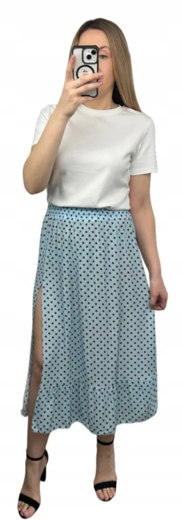 Spódnica wiskozowa wiskoza midi dłuższa z rozcięciem w kropki niebieska