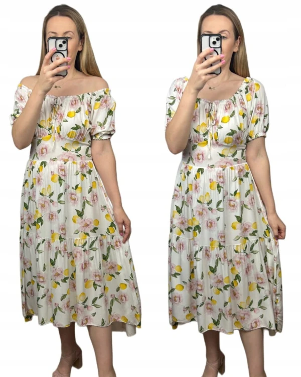 Sukienka hiszpanka cytryny kwiaty asymetryczna midi dłuższa żółta jasny beż