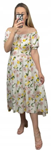 Sukienka hiszpanka cytryny kwiaty asymetryczna midi dłuższa żółta jasny beż