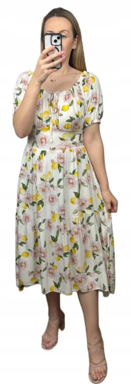 Sukienka hiszpanka cytryny kwiaty asymetryczna midi dłuższa żółta jasny beż