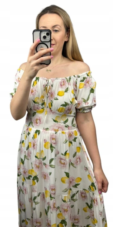 Sukienka hiszpanka cytryny kwiaty asymetryczna midi dłuższa żółta jasny beż