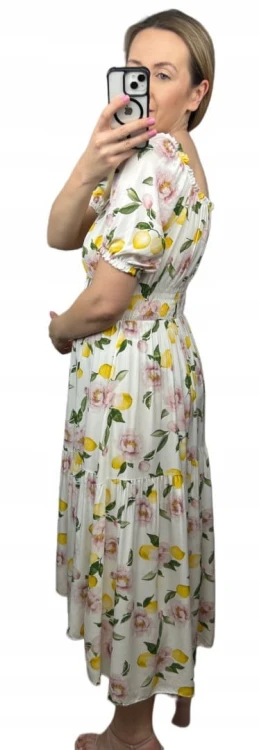Sukienka hiszpanka cytryny kwiaty asymetryczna midi dłuższa żółta jasny beż