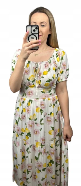 Sukienka hiszpanka cytryny kwiaty asymetryczna midi dłuższa żółta jasny beż