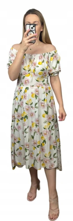 Sukienka hiszpanka cytryny kwiaty asymetryczna midi dłuższa żółta jasny beż