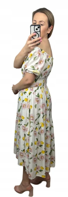 Sukienka hiszpanka cytryny kwiaty asymetryczna midi dłuższa żółta jasny beż