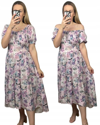 Sukienka hiszpanka w kwiaty asymetryczna midi dłuższa fioletowa różowa
