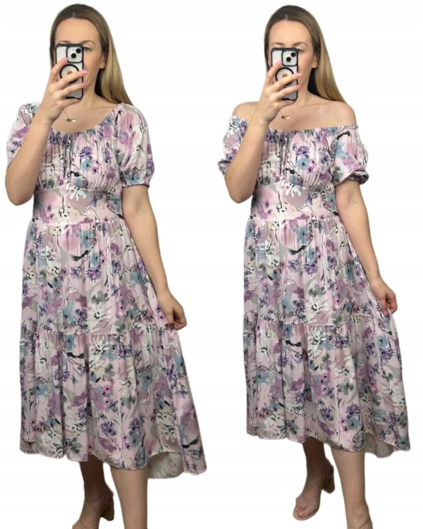 Sukienka hiszpanka w kwiaty asymetryczna midi dłuższa fioletowa różowa
