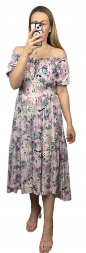 Sukienka hiszpanka w kwiaty asymetryczna midi dłuższa fioletowa różowa