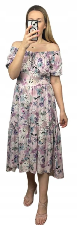 Sukienka hiszpanka w kwiaty asymetryczna midi dłuższa fioletowa różowa