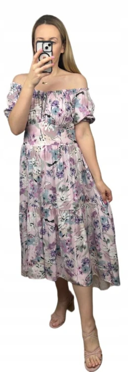 Sukienka hiszpanka w kwiaty asymetryczna midi dłuższa fioletowa różowa