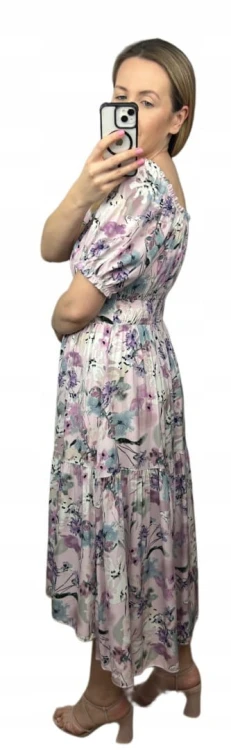 Sukienka hiszpanka w kwiaty asymetryczna midi dłuższa fioletowa różowa