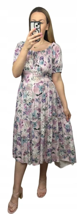 Sukienka hiszpanka w kwiaty asymetryczna midi dłuższa fioletowa różowa