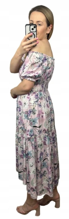 Sukienka hiszpanka w kwiaty asymetryczna midi dłuższa fioletowa różowa