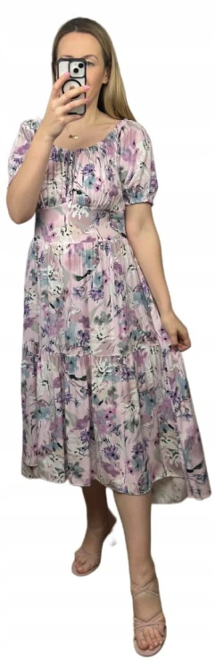 Sukienka hiszpanka w kwiaty asymetryczna midi dłuższa fioletowa różowa
