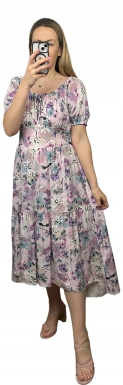 Sukienka hiszpanka w kwiaty asymetryczna midi dłuższa fioletowa różowa