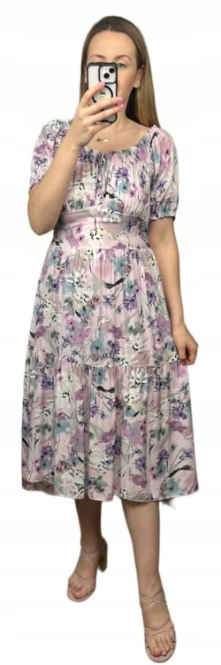 Sukienka hiszpanka w kwiaty asymetryczna midi dłuższa fioletowa różowa