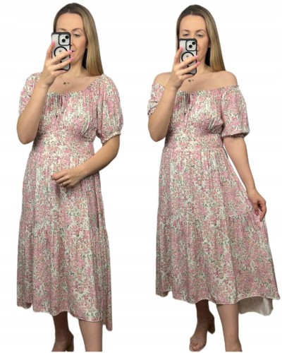 Sukienka hiszpanka w kwiaty asymetryczna midi dłuższa różowa jasny beż