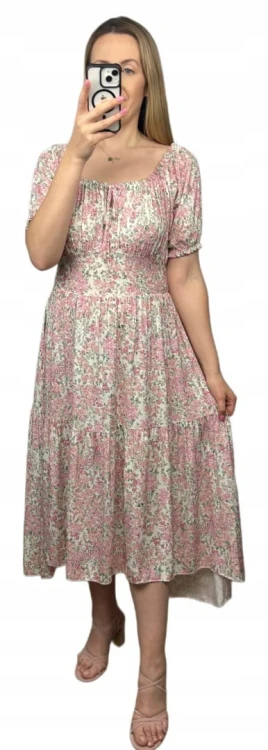 Sukienka hiszpanka w kwiaty asymetryczna midi dłuższa różowa jasny beż