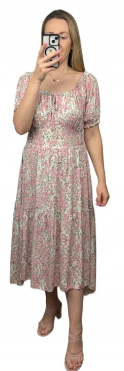 Sukienka hiszpanka w kwiaty asymetryczna midi dłuższa różowa jasny beż