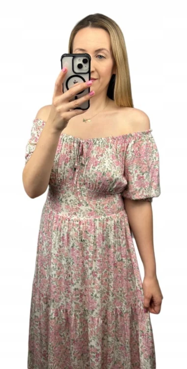 Sukienka hiszpanka w kwiaty asymetryczna midi dłuższa różowa jasny beż