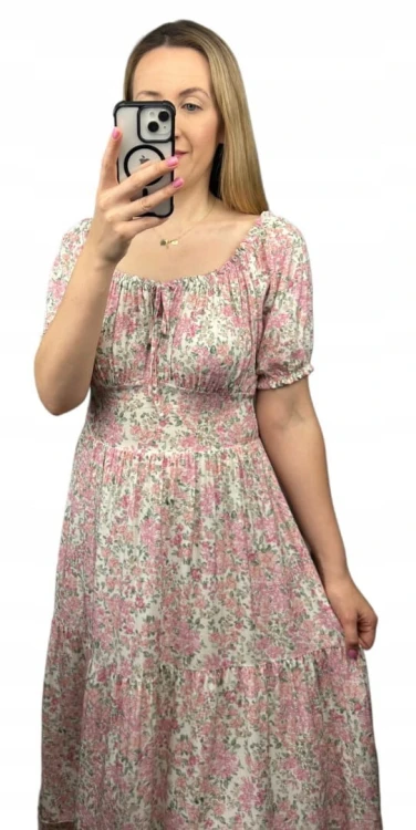 Sukienka hiszpanka w kwiaty asymetryczna midi dłuższa różowa jasny beż