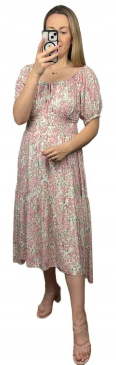 Sukienka hiszpanka w kwiaty asymetryczna midi dłuższa różowa jasny beż