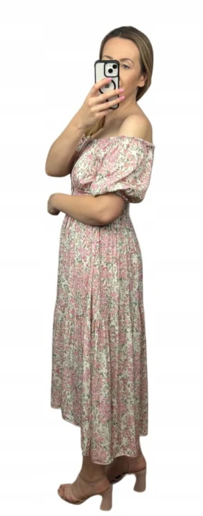 Sukienka hiszpanka w kwiaty asymetryczna midi dłuższa różowa jasny beż