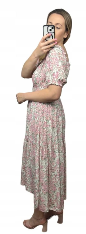 Sukienka hiszpanka w kwiaty asymetryczna midi dłuższa różowa jasny beż