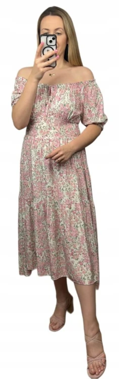 Sukienka hiszpanka w kwiaty asymetryczna midi dłuższa różowa jasny beż