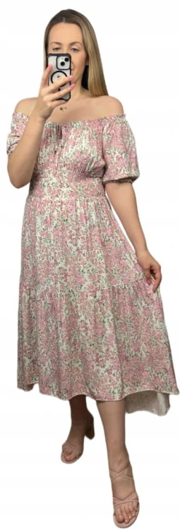 Sukienka hiszpanka w kwiaty asymetryczna midi dłuższa różowa jasny beż