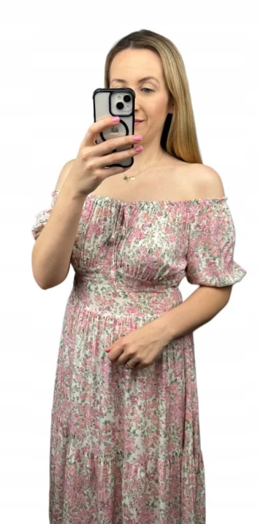 Sukienka hiszpanka w kwiaty asymetryczna midi dłuższa różowa jasny beż