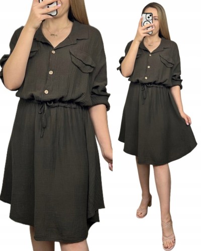 Sukienka koszulowa muślinowa czekoladowa brąz guziki długi rękaw L XL XXL