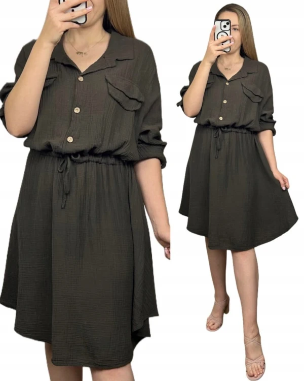 Sukienka koszulowa muślinowa czekoladowa brąz guziki długi rękaw L XL XXL