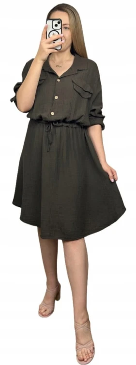 Sukienka koszulowa muślinowa czekoladowa brąz guziki długi rękaw L XL XXL