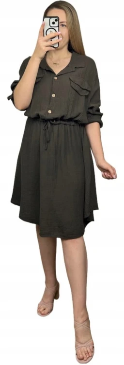Sukienka koszulowa muślinowa czekoladowa brąz guziki długi rękaw L XL XXL