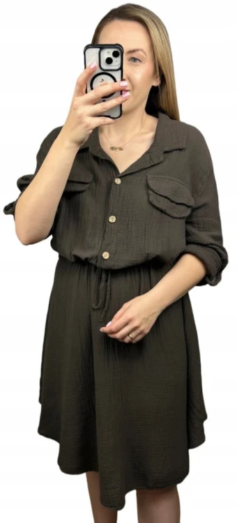 Sukienka koszulowa muślinowa czekoladowa brąz guziki długi rękaw L XL XXL