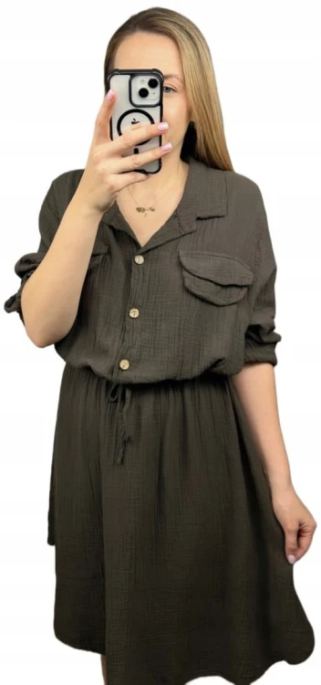 Sukienka koszulowa muślinowa czekoladowa brąz guziki długi rękaw L XL XXL